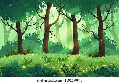 Summer Fantasy Forest Landscape Vector Illustration.