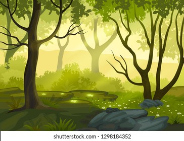 Summer fantasy forest landscape, vector illustration.