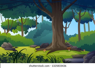 Summer fantasy forest landscape vector illustration.