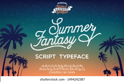 Fantasía de verano. Fuente de script hecha a mano. Tiempo de verano de vacaciones. Playa Waikiki.Ilustración vectorial. Tipo y logotipo retro. Estilo veraniego.