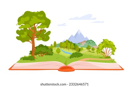 Summer fantasy story in magic book vector illustration. Cartoon isolated open storybook with green summer nature landscape on pages, literature about dream adventure and travel in fairytale forest