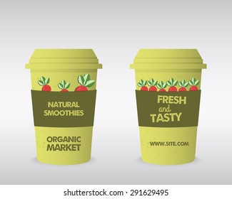 Summer Farm Fresh cup template. Stylish Mock up design with shadow. Best for natural shop, organic fairs, Eco markets and local companies. Can be used on sites or mobile app. Vector illustration