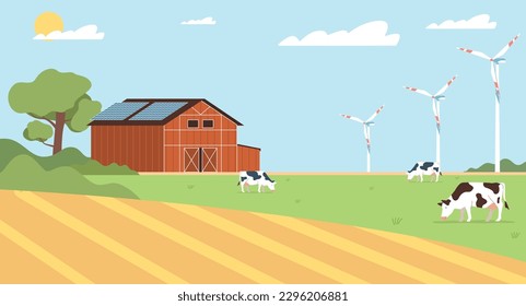 Paisajes con vacas y graneros, paneles solares y parques eólicos. Antecedentes agrícolas, dibujos animados de naturaleza aislada. Concepto de vector