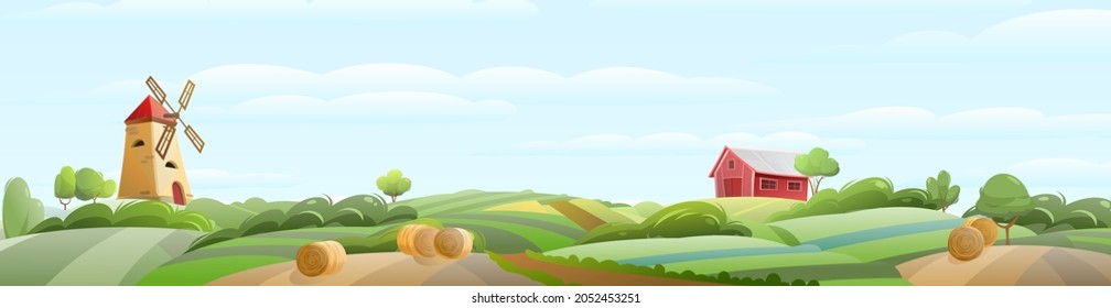 Paisaje agrícola de verano. Jardín y colinas onduladas. El paisaje rural. Campos, molino de viento y granero. Curiosa ilustración de diseño de dibujos animados. Estilo plano. Vector