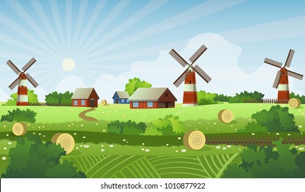 Summer farm landscape vector background, red house, barn and windmill in the flower field with haystacks.