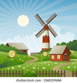 Summer farm landscape vector background with haystacks, house, red barn and windmill in the summer flower field.