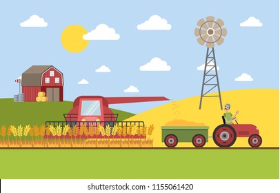 Summer farm landscape with wheat field. Farmers harvest wheat grain in the autumn. Vector flat illustration