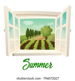 Summer farm panorama. Outdoor or outside panorama from window with joints at field with crop and trees, garden. Environment and village, rural ranch, agriculture and season farmland, countryside theme