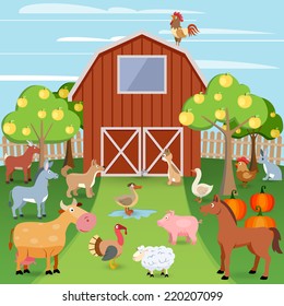 Summer farm with wooden house and domestic animals vector illustration