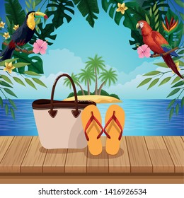 Summer fashion bag and flip flops on wooden floor over beachscape scenery cartoons vector illustration graphic design