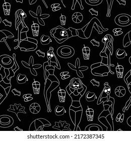 summer fashion chalk seamless pattern with girls, beach, sunglasses vector isolated on black background. Concept for print, card, fashion