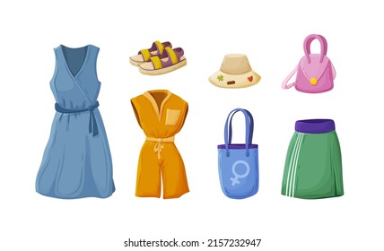 Summer fashion clothes and accessories for women set. Sleeveless wrap dress, jumpsuit, skirt, straw hat, handbag and sandals modern stylish garments. Stylish casual clothing cartoon vector