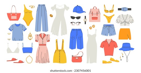 Summer fashion clothes. Cartoon dress trousers shirt skirt bag, vacation beach apparel swimsuit accessories. Vector set