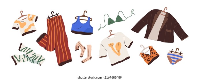 Summer fashion clothes set. Casual women garments, apparel items. Modern female trousers, jacket, pants, socks, t-shirts, scarf and bra, panties. Flat vector illustration isolated on white background