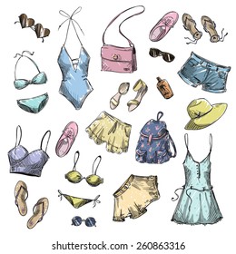 Summer fashion. collection of summer clothing and accessories 
