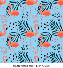 Summer Fashion color Trendy seamless pattern vector floral tropical exotic leaves, flamingo, colorful style, trendy background, botanical illustration floral fabric print