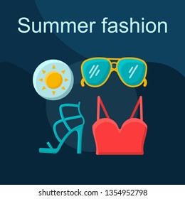 Summer fashion flat concept vector icon. Shopping idea cartoon color illustrations set. Clothes, shoes, accessories. Womens outfit. Crop top, sunglasses, high heels. Isolated graphic design element