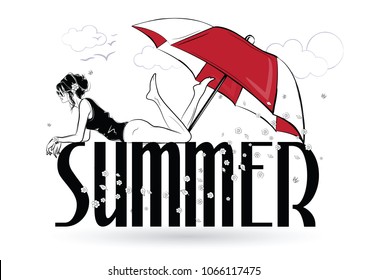 Summer. Fashion girls in sketch-style in Paris. Fashion woman portrait. Vector illustration.