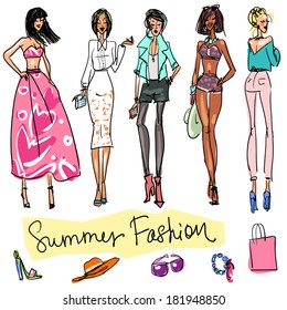 Summer Fashion hand drawn doodles.