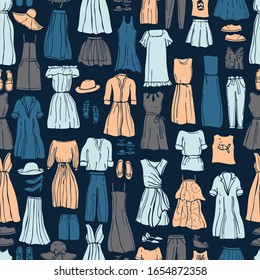Summer fashion. Hand drawn women's clothing and shoes. Vector  seamless pattern