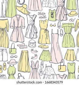 Summer fashion. Hand drawn women's clothing and shoes. Vector seamless pattern.