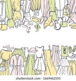 Summer fashion. Hand drawn women's clothing and shoes. Vector background. Sketch  illustration.