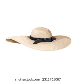 Sombrero de moda de verano de niñas ilustraciones vectoriales. Caricatura de sombrero solar aislado con paja natural y lazo y arco negro, gorra femenina con brim ancho de disquete, accesorio de moda de señora en vacaciones en la playa