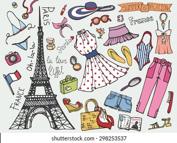 Summer Fashion illustration.Doodle Paris France Eiffel tower fashionable women  dress,clothes,accessories,symbol.Vector hand drawing background,summer party ,vacation Isolated Sketches,design template