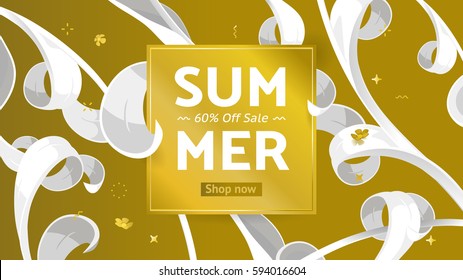 Summer fashion market offer. Golden ticket "60% off sale", button "Shop Now". Discount banner with square label & paper cut leaves. Origami frame decor, space for text. Floral tropic vector background