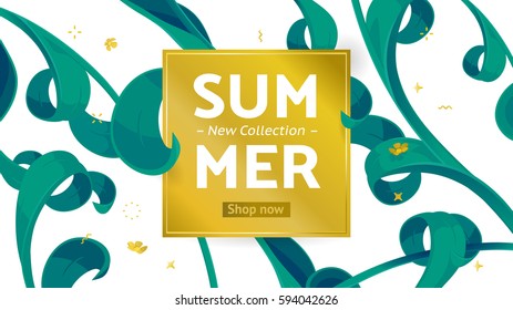 Summer fashion market offer. Golden ticket "New Collection", button "Shop Now". Banner with square frame & tropical paper cut leaves. Origami frame decor with space for text. Floral vector background