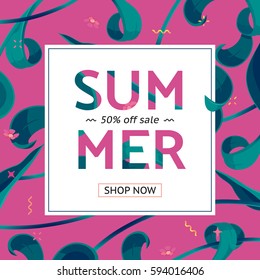 Summer fashion market offer. Sale 50% off, Button "Shop Now". Origami banner with text & paper cut tropical leaves. Tropic frame decor with flowers, lines & zigzags. Abstract floral vector background