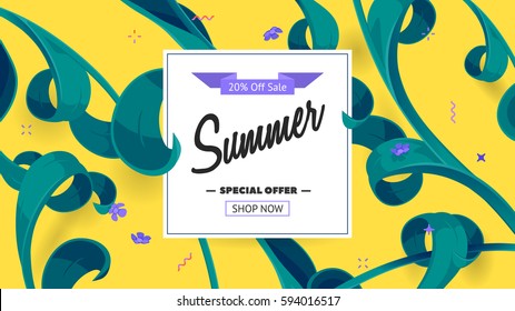 Summer fashion market offer. Sale 20% off, Button "Shop Now". Origami banner with text & paper cut tropical leaves. Tropic frame decor with flowers, lines & zigzags. Abstract floral vector background