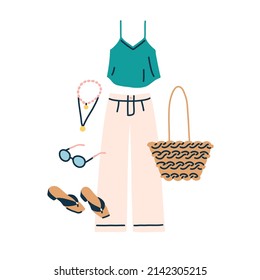 Summer fashion outfit. Casual women clothes set with pants, sunglasses, beach bag, top, necklace and shoes. Modern garments with accessories. Flat vector illustration isolated on white background