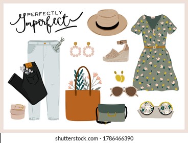 Summer fashion outfit set. Trendy woman clothes, underwaer, swimsuit, hat, bag, shoes, accessories. Beauty quotes. Vector illustration.