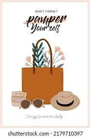 Summer fashion outfit set. Trendy woman clothes, underwaer, swimsuit, hat, bag, shoes, accessories. Beauty quotes. Vector illustration.