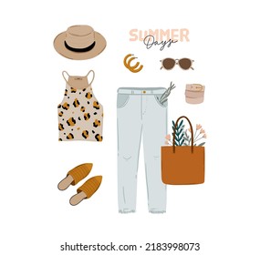 Summer fashion outfit set. Trendy woman clothes, underwaer, swimsuit, hat, bag, shoes, accessories. Beauty quotes. Vector illustration.