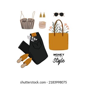 Summer fashion outfit set. Trendy woman clothes, underwaer, swimsuit, hat, bag, shoes, accessories. Beauty quotes. Vector illustration.