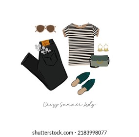 Summer fashion outfit set. Trendy woman clothes, underwaer, swimsuit, hat, bag, shoes, accessories. Beauty quotes. Vector illustration.