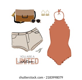 Summer fashion outfit set. Trendy woman clothes, underwaer, swimsuit, hat, bag, shoes, accessories. Beauty quotes. Vector illustration.