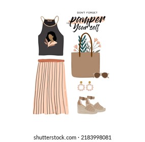 Summer fashion outfit set. Trendy woman clothes, underwaer, swimsuit, hat, bag, shoes, accessories. Beauty quotes. Vector illustration.