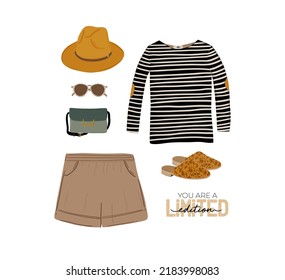 Summer fashion outfit set. Trendy woman clothes, underwaer, swimsuit, hat, bag, shoes, accessories. Beauty quotes. Vector illustration.