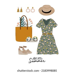 Summer fashion outfit set. Trendy woman clothes, underwaer, swimsuit, hat, bag, shoes, accessories. Beauty quotes. Vector illustration.