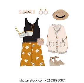 Summer fashion outfit set. Trendy woman clothes, underwaer, swimsuit, hat, bag, shoes, accessories. Beauty quotes. Vector illustration.