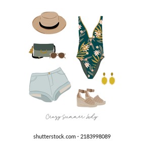 Summer fashion outfit set. Trendy woman clothes, underwaer, swimsuit, hat, bag, shoes, accessories. Beauty quotes. Vector illustration.