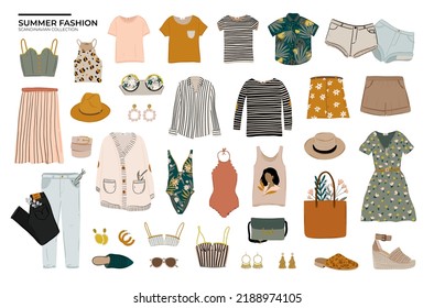 Summer fashion outfit set. Trendy woman clothes, underwaer, swimsuit, hat, bag, shoes, accessories. Beauty quotes. Vector illustration.