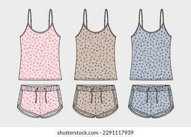 SUMMER FASHION PAJAMA SET. TANK TOP AND SHORT PANTS. FLAT SKETCH TECHNICAL DRAWING TEMPLATE