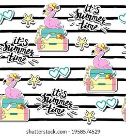 Summer fashion patch badges with flamingo with suitcase and summer items seamless pattern. Vector illustration for kids t-shirt design. Vacation concept