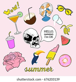 Summer fashion patch badges with rose, skull, ice cream and other elements for girls. Vector illustration isolated on pink background. Set of stickers, pins, patches in cartoon 80s-90s comic style.