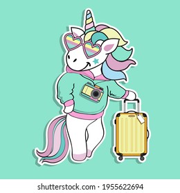Summer fashion patch badges sticker with unicorn with suitcase. Vector illustration for kids t-shirt design. Vacation concept