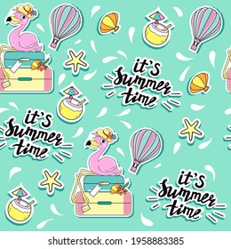 Summer fashion patch badges with unicorn with suitcase, flamingo and summer items seamless pattern. Vector illustration for kids t-shirt design. Vacation concept